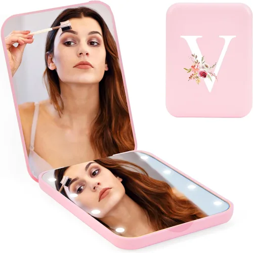 Espejo compacto personalizado con inicial y luz, espejos de bolsillo LED para regalos informales, espejo de viaje con aumento 1X/3X, espejo pequeño