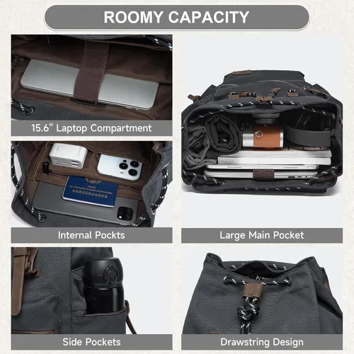 Miniatura 4 de MOYYI Mochila de lona para hombre para laptop de 13 a 17.3 pulgadas, mochila vintage duradera con ribete de cuero para uso diario, universidad
