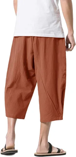 Miniatura 4 de MAGNIVIT Pantalones capri de lino y algodón para hombre, ajuste holgado, cintura elástica, pierna ancha, pantalones harén holgados