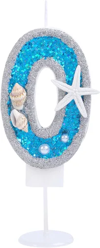 Vela de cumpleaños número 0 3D número 0 para decoración de pastel para niños y niñas, niños pequeños bajo el océano, tema azul mar, fiesta de