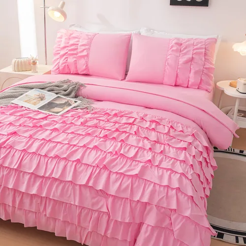 Miniatura 2 de Juego de edredón rosa individual, ropa de cama de 5 piezas en una bolsa individual para niñas adolescentes, juego de ropa de cama con volantes rosas