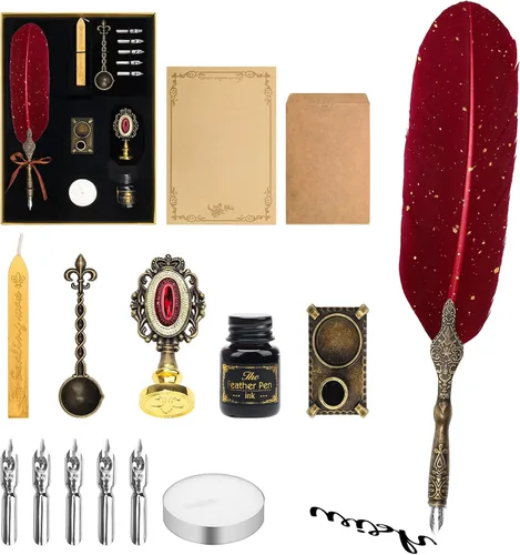 Miniatura 8 de Juego de bolígrafo y tinta, juego de bolígrafos de caligrafía con sello de cera, tinta, puntas de repuesto, cuchara, papel de carta de sobre, cera