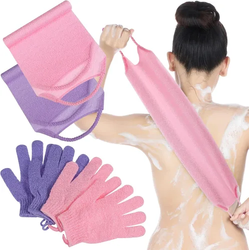Miniatura 6 de Juego de 4 paños exfoliantes para la espalda, 2 toallas exfoliantes de nailon para la espalda, 2 pares de guantes de ducha para mujeres y hombres