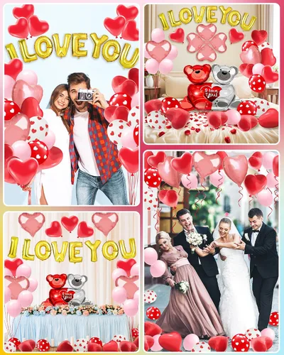 Miniatura 2 de Lutoys Kit de decoración de globos de San Valentín con globos "I Love You", globos de corazón con 1000 pétalos de rosa roja de seda para el día