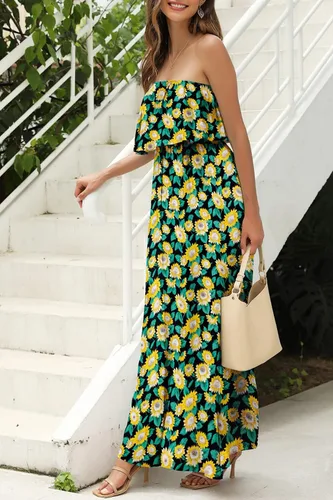 Miniatura 3 de ZMPSIISA - Vestido largo de verano con hombros descubiertos para mujer vestido largo sin tirantes, con volantes, color azul y blanco estilo bohemio