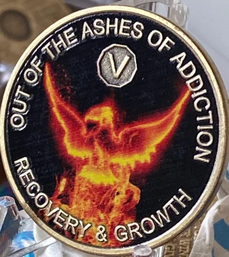 Miniatura 3 de 5 años Color de las cenizas de la adicción Phoenix Flames Sobriety Chip AA NA Medallion