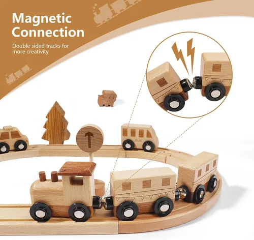 Miniatura 5 de Juego de tren de madera Montessori juguetes para niños fomentan el juego imaginativo y las habilidades motoras finas, pistas de tren de doble cara