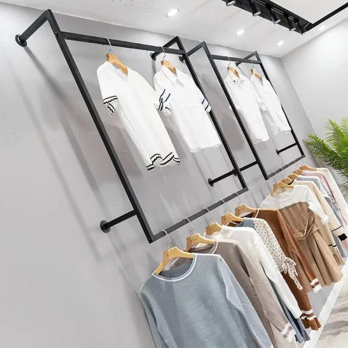Miniatura 3 de zktoermn Perchero de ropa montado en la pared, estante industrial de metal para ropa, estante de doble barra para colgar ropa, estante de tubería