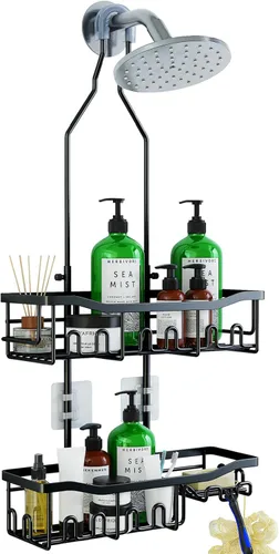 Organizador de ducha mejorado de longitud extendida con ganchos, soporte para champú y jabón resistente a la oxidación, organizador de baño grande