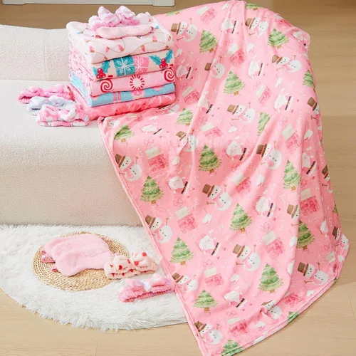 Miniatura 4 de Fanfanwin 18 piezas de suministros de fiesta de pijamas para niñas, 6 estilos lindos manta de muñeco de nieve rosa, 6 diademas de forro polar coral