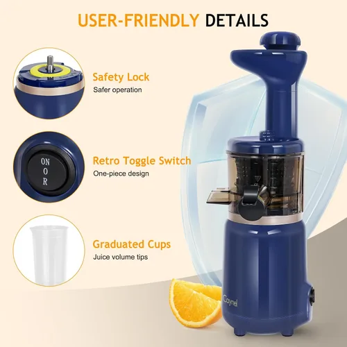 Miniatura 9 de CAYNEL Jugo de prensa en frío compacto y portátil, exprimidor lento con embudo de entrada extra ancho de 1.77 pulgadas para frutas y verduras, Azul