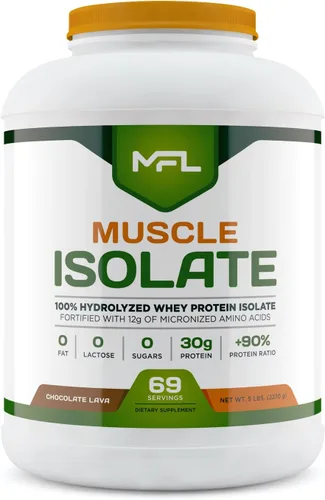 MFL 100% proteína aislada l 1.06 oz de proteína l 0.42 oz de aminoácidos l Keto Friendly l Bajo en carbohidratos l 5 libras (Chocolate Lava)