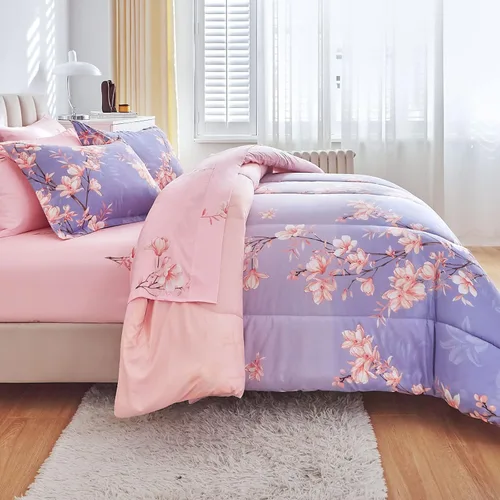AIKASY Juego de edredón individual rosa y morado claro con sábanas, cama en una bolsa, 6 piezas, diseño de impresión de ramas y flores, juego de
