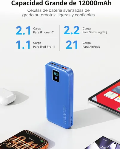 Miniatura 5 de Cargador portátil, cargador de batería de carga rápida de 12000 mAh 22.5 W con cables integrados y enchufe de pared, paquete de baterías esenciales