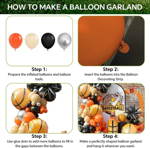 Miniatura 7 de Kit de guirnalda de arco de globos de baloncesto, 103 globos de fiesta de baloncesto, guirnalda de globos naranja y negro para niños y niñas