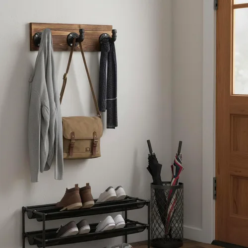 Miniatura 2 de MyGift Perchero de pared de madera quemada y perchero para sombreros con diseño de accesorio de tubería de 3 ganchos