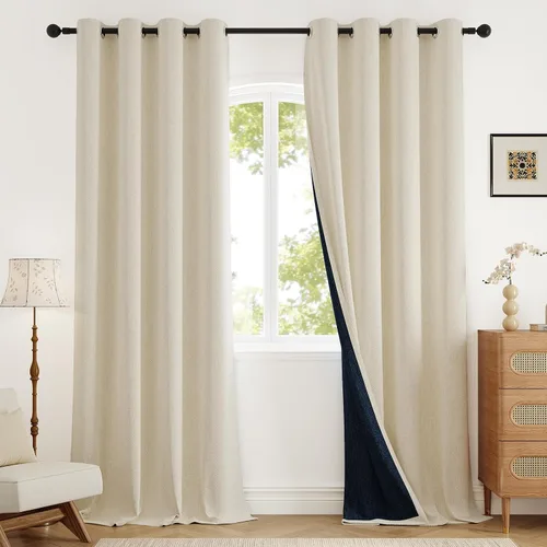 Miniatura 18 de Rinwoc - Cortinas 100% opacas gruesas y suaves de 2 paneles para dormitorio, aspecto de lino texturizado, bloqueo total de luz, cortinas