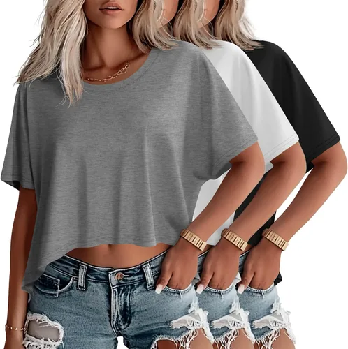 Miniatura 27 de Huukeay Paquete de 3 camisetas recortadas de gran tamaño para mujer, manga corta, holgadas, cuello redondo, holgadas, para entrenamiento