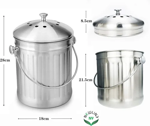 Miniatura 2 de NewlineNY - Cubo de compost de acero inoxidable para encimera de cocina, cubo de reciclaje de 1.3 galones con 2 filtros de carbón