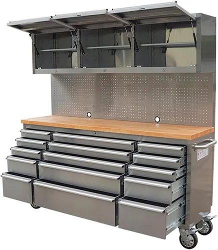 AnorTrek Caja de herramientas de 72 pulgadas con 15 cajones con gabinete superior de 3 y tablero de clavijas en acero inoxidable (Acero inoxidable)