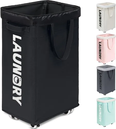 Miniatura 17 de Goodpick - Cesta de lavandería con ruedas, 75L, esenciales para dormitorio de universidad, cesta de ropa con bolsa de lavado extraíble para blanco