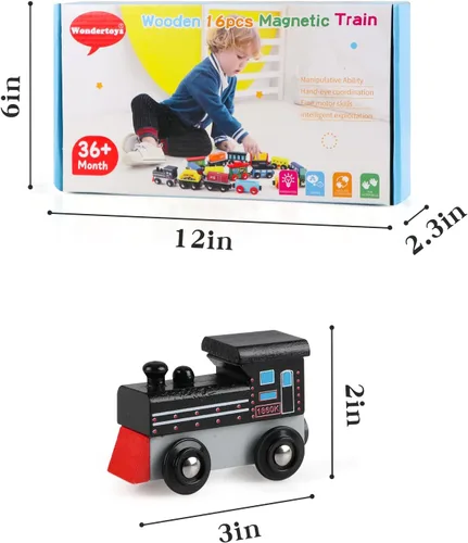 Miniatura 6 de Wondertoys Juego de tren de madera de 16 piezas, incluye bolsa de almacenamiento, accesorios de pista de madera, juego de automóvil magnético