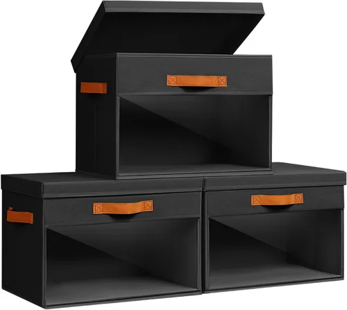 Miniatura 8 de Homsorout Contenedores de almacenamiento grandes con tapas, paquete de 3 organizadores decorativos plegables con ventanas y asas transparentes
