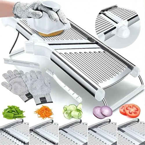 Miniatura 10 de Cortador de alimentos con mandolina, ajustable de acero inoxidable con cortador de gofres, corte arrugado, papas fritas, cebolla vegetal Negro