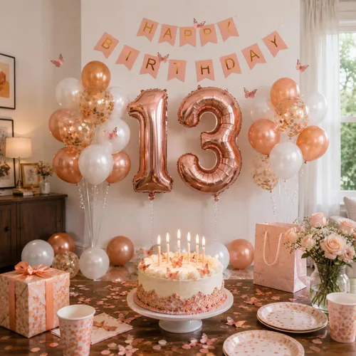 Miniatura 4 de 13th Birthday Decorations For Girls -Rose Gold Pearl White Balloons, 32 Inch Rose Gold "13" Balloon, 3D Butterflies Stickers, Happy Birthday Banner