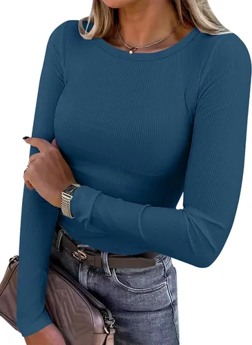 Miniatura 35 de ANRABESS - Camisetas de manga larga para mujer, de punto acanalado, ajustadas, básicas, 2025, informales, para usar a capas o debajo del uniforme