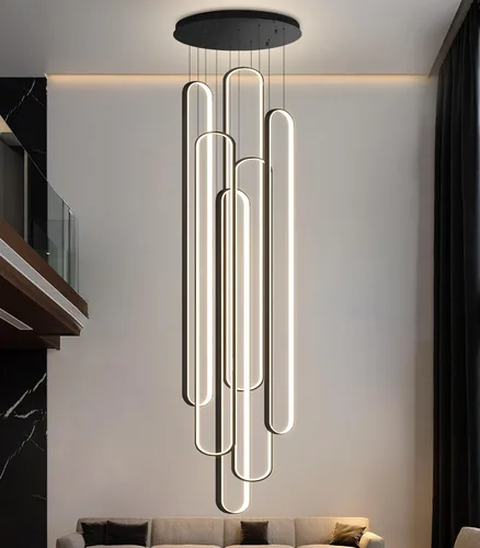 Miniatura 29 de Candelabros LED modernos para entrada de vestíbulo, techo alto, lámparas de escalera largas, regulables, montaje empotrado, alto recibidor, Negro