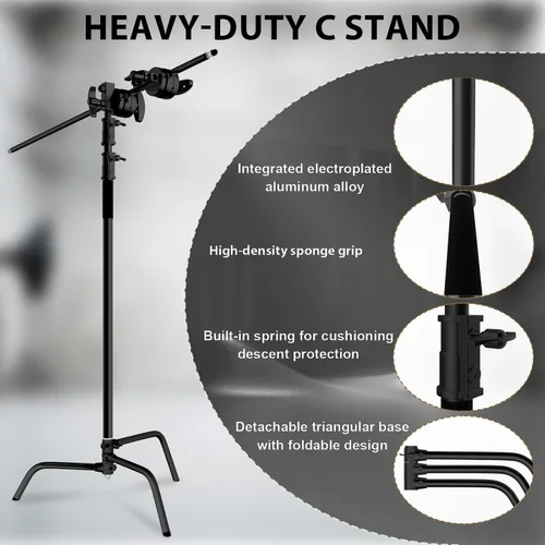 Miniatura 2 de Soporte C con brazo de pluma, kit de soporte de luz para fotografía, soporte en C resistente con poste de acero inoxidable de 6.8 pies, brazo