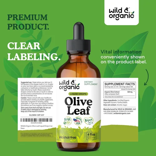 Miniatura 9 de Wild & Organic Extracto líquido de hoja de olivo, suplemento de hoja de olivo para apoyo inmunológico, gotas líquidas de oleuropeína, tintura