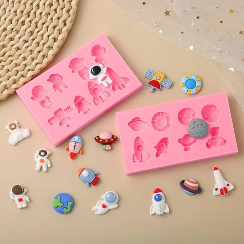 Miniatura 7 de Molde de silicona para decoración de pastel de astronauta, 2 unidades, molde de fondant de chocolate de nave espacial, para adornos de cupcakes