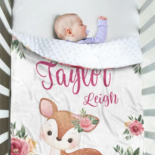 Miniatura 3 de Manta de bebé personalizada, manta de felpa suave con respaldo de puntos de doble capa para niños y niñas, nombre personalizado con diseño de animal