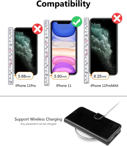 Miniatura 2 de OCASE Funda tipo cartera compatible con iPhone 11 con tarjetero y soporte para tarjetas, funda de piel sintética con función atril y cierre Negro