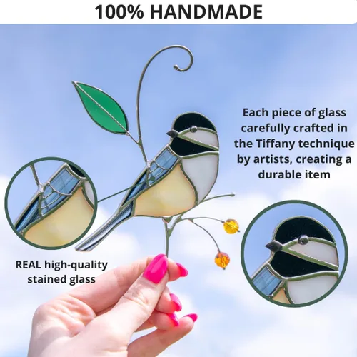 Miniatura 2 de Atrapasoles de Vidrio Emplomado Hechos a Mano de Carbonero Gift Birds, Vidrio Emplomado Genuino para Ventana Colgante, Ornamento Único