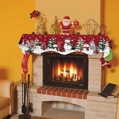 Miniatura 8 de Bufanda de chimenea de muñeco de nieve de Navidad, diseño de árboles de Navidad rojos, copos de nieve de invierno, bufandas para chimenea, estante