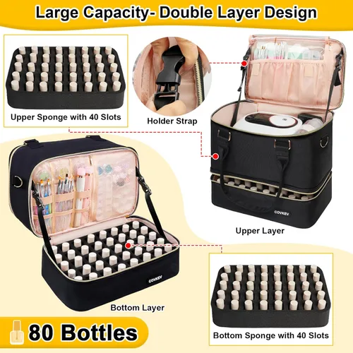 Miniatura 2 de Covkev Organizador de esmalte de uñas, capacidad para 80 botellas (0.5 fl oz/15 ml) y lámpara de uñas, estuche organizador de uñas de doble capa