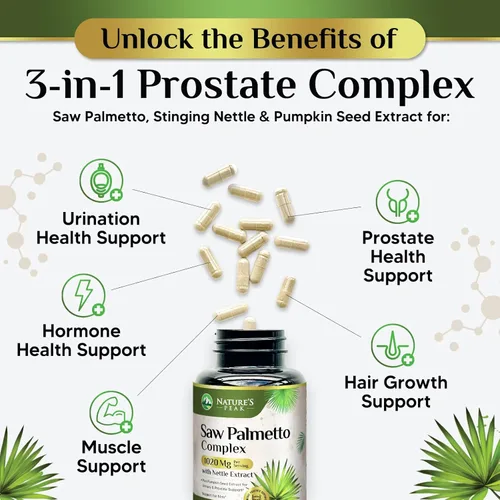 Miniatura 5 de Saw Palmetto - Suplementos de salud para próstata para hombres, 1000 mg, 3 veces más fuerza con semillas de calabaza, bloqueador de DHT, salud