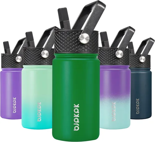 Miniatura 47 de BJPKPK Botella de agua aislada con tapa con pajilla, bonitas botellas de agua de 15 onzas, termo de metal de acero inoxidable, vasos reutilizables