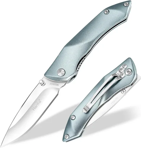 Harita Cuchillo plegable de bolsillo, hoja de acero 8Cr13Mov de 2.95 pulgadas, mango de aluminio, cuchillo de seguridad con cierre de forro con clip