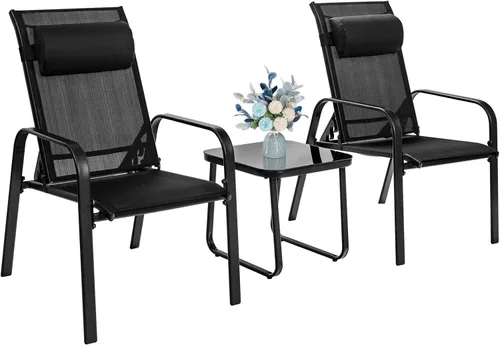 Tangkula Juego de 3 piezas de bistró para exteriores, sillas apilables para patio con respaldo ajustable y plegable, reposacabezas extraíble y mesa