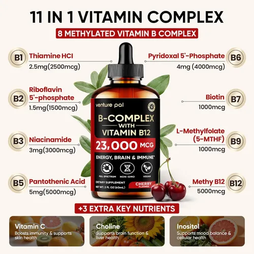Miniatura 4 de Gotas Líquidas de Complejo de Vitamina B de Venture Pal, B12 Metilcobalamina B9 Fólico B1,B2,B3,B5,B6,B7 - Vitamina C, Colina, Inositol