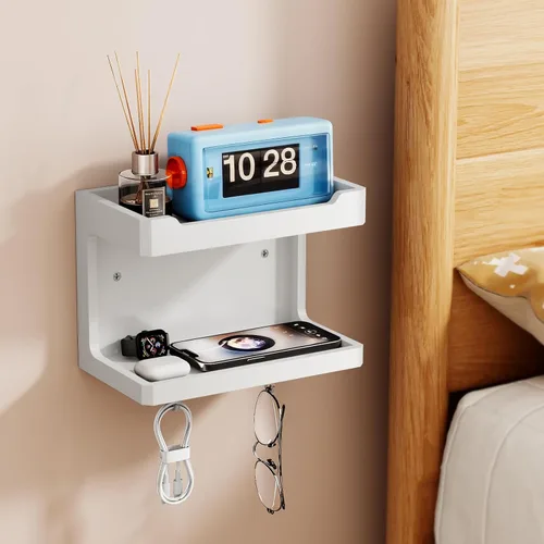 Miniatura 2 de NiHome Organizador Grande de Mesita de Noche de Madera para Montar en la Pared, Estantes de Almacenamiento Dobles y Ganchos Magnéticos, Estante