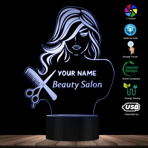 Miniatura 4 de The Geeky Days Salón de belleza 3D LED noche luz peluquería peluquería tijeras peine mesa escritorio lámpara nombre personalizado diseño moderno