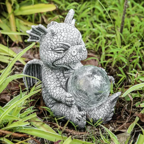 Miniatura 8 de Estatua de Dragón de Jardín con Energía Solar Figura Luminosa para Exteriores Decoración Linda que Sostiene Bola de Cristal Brillante Escultura
