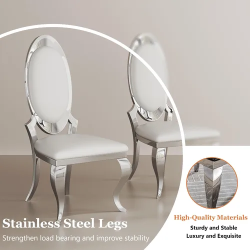 Miniatura 6 de Juego de 2 sillas con 2 sillas de comedor de piel sintética blanca, silla de cocina moderna con respaldo ovalado y patas de acero inoxidable