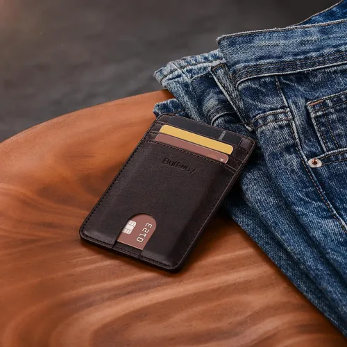 Miniatura 57 de Buffway Billetera delgada para hombre, minimalista con bolsillo frontal delgado, tarjetero de cuero con bloqueo RFID para viajes de trabajo