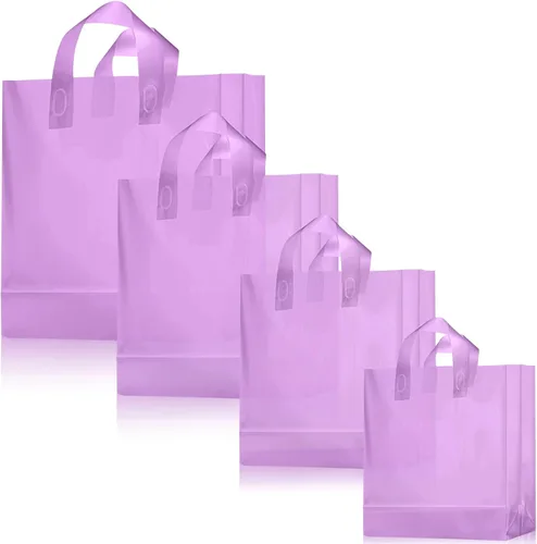 Miniatura 8 de Weewooday 100 bolsas de regalo de plástico esmerilado con asas para pequeñas empresas, bolsas de compras transparentes con parte inferior de cartón